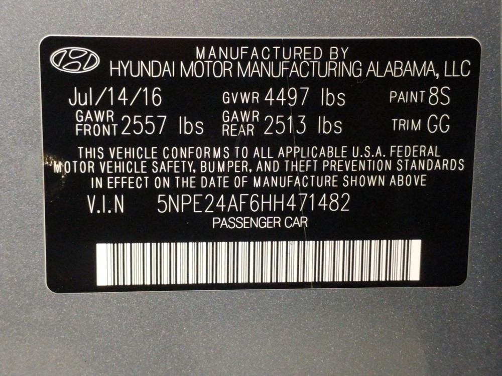 2017 Hyundai Sonata - VIN Plate