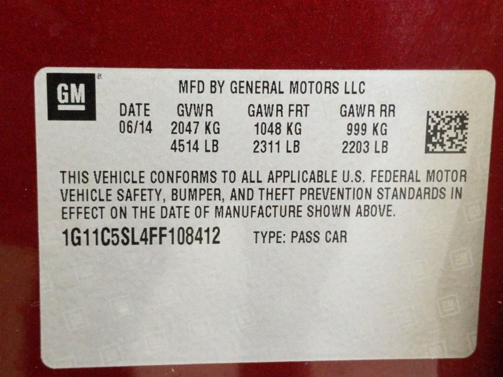 2015 Chevrolet Malibu - VIN Plate