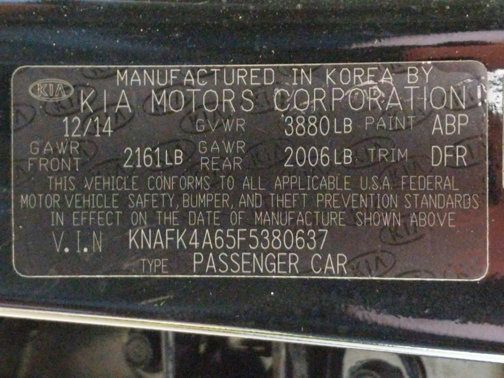 2015 Kia Forte - VIN Plate