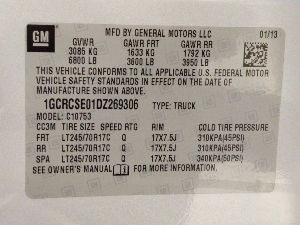 2013 Chevrolet Silverado 1500 - VIN Plate
