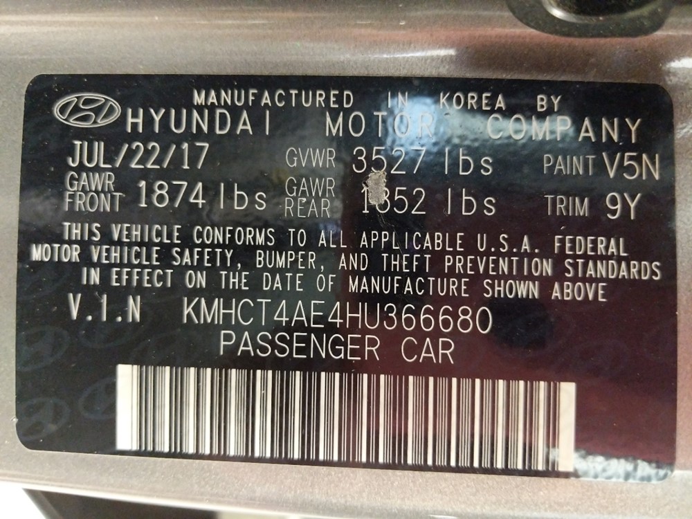 2017 Hyundai Accent - VIN Plate