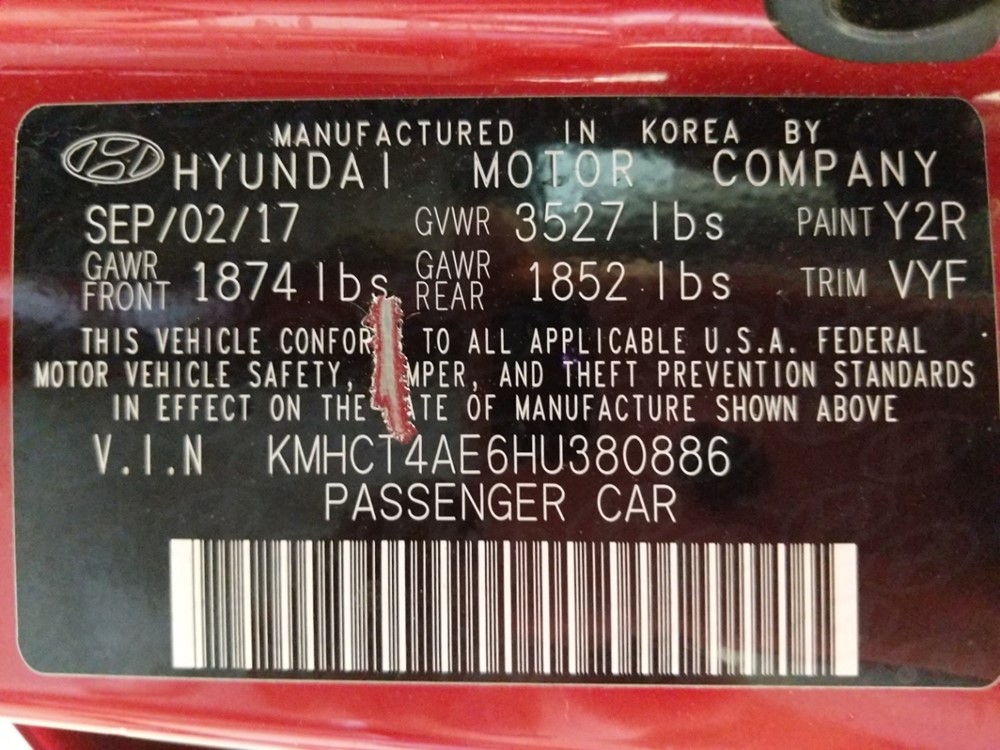 2017 Hyundai Accent - VIN Plate
