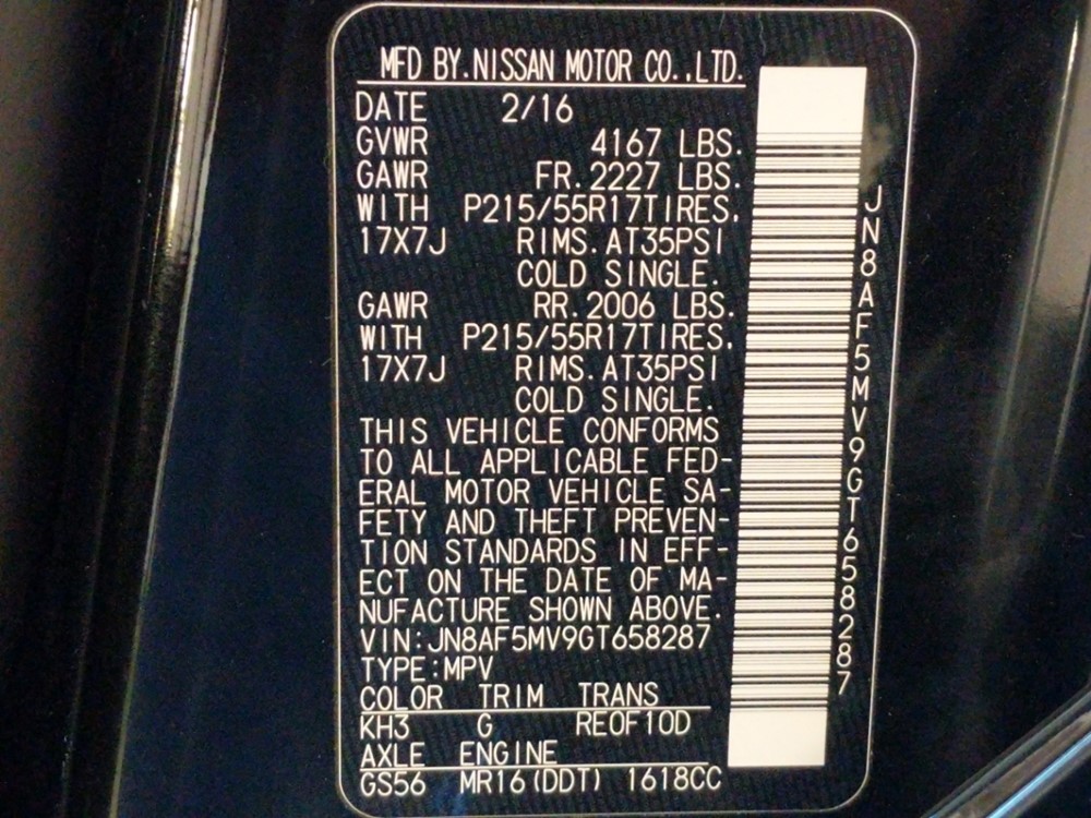 2016 Nissan JUKE - VIN Plate