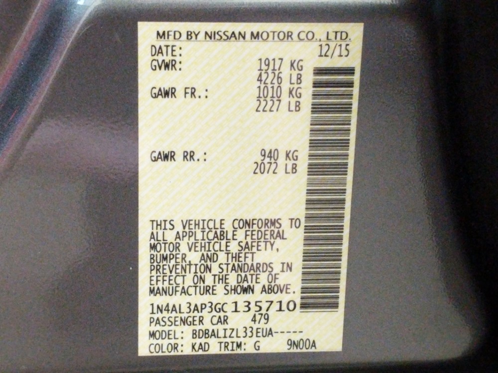 2016 Nissan Altima - VIN Plate