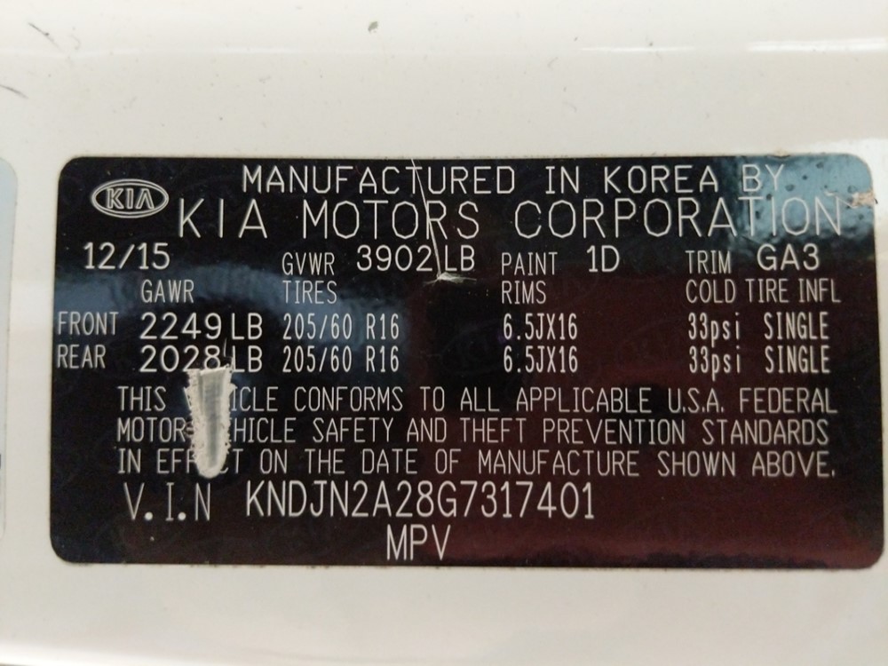 2016 Kia Soul - VIN Plate
