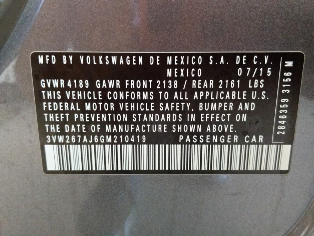 2016 Volkswagen Jetta - VIN Plate