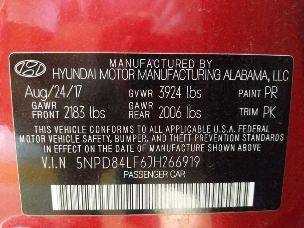 2018 Hyundai Elantra - VIN Plate