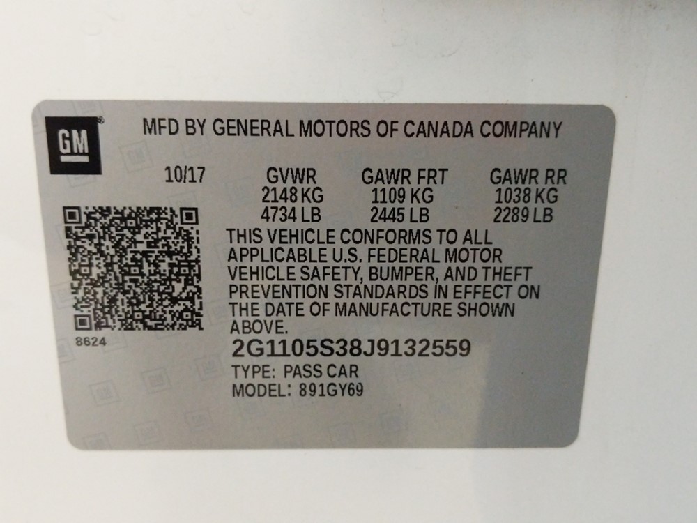2018 Chevrolet Impala - VIN Plate