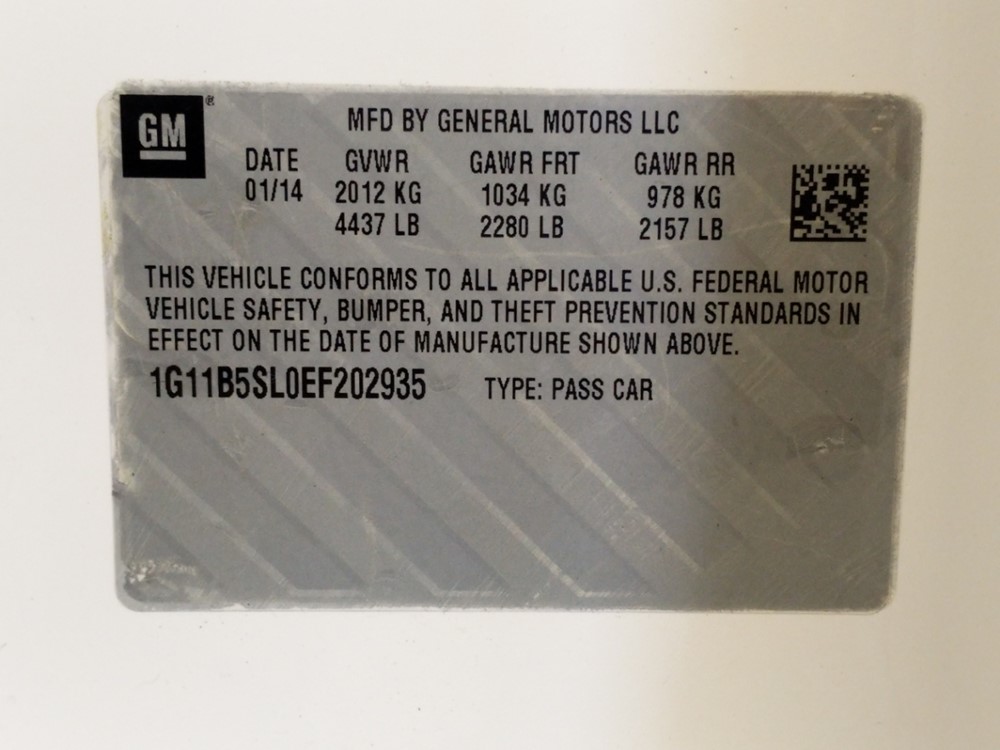 2014 Chevrolet Malibu - VIN Plate
