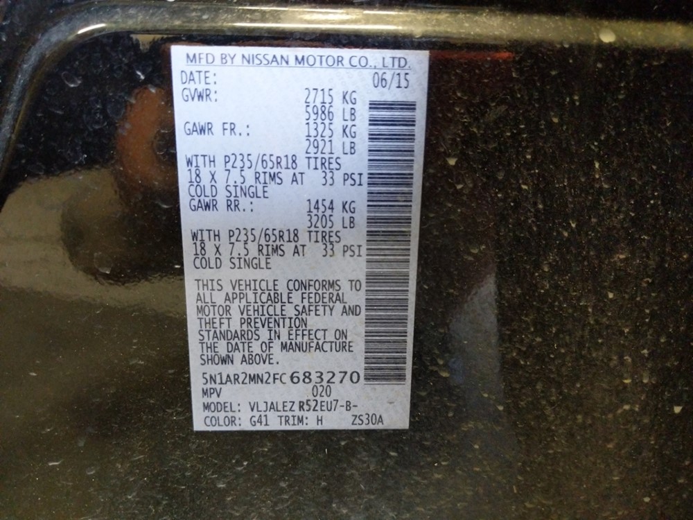 2015 Nissan Pathfinder - VIN Plate