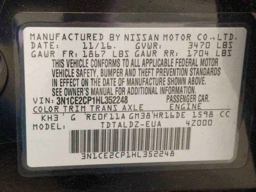 2017 Nissan Versa - VIN Plate