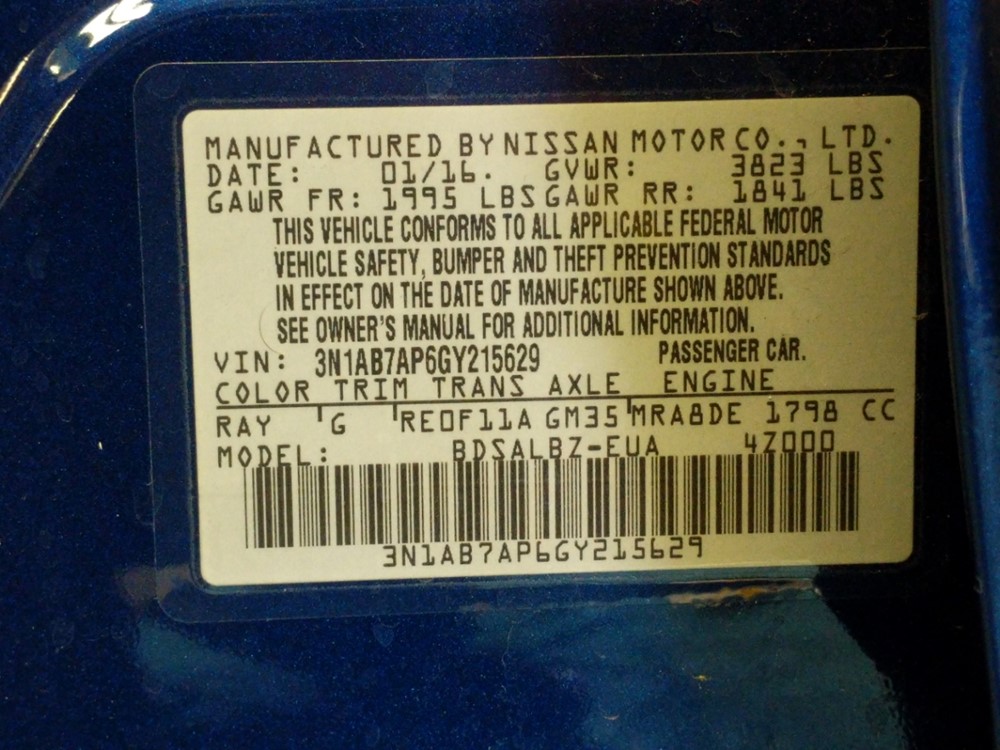 2016 Nissan Sentra - VIN Plate