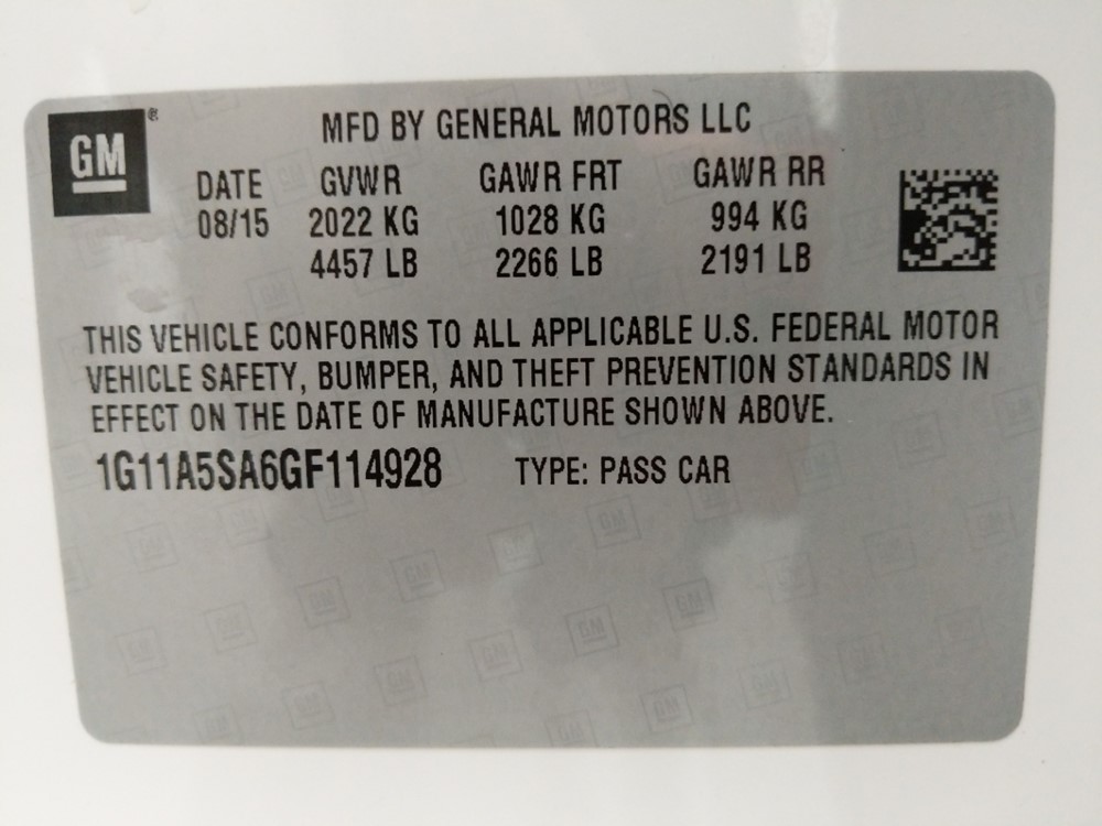 2016 Chevrolet Malibu - VIN Plate