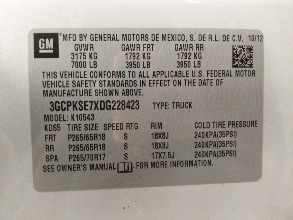 2013 Chevrolet Silverado 1500 - VIN Plate