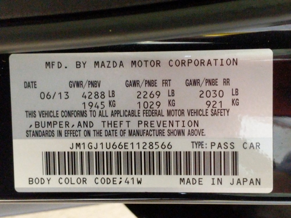 2014 Mazda Mazda6 - VIN Plate