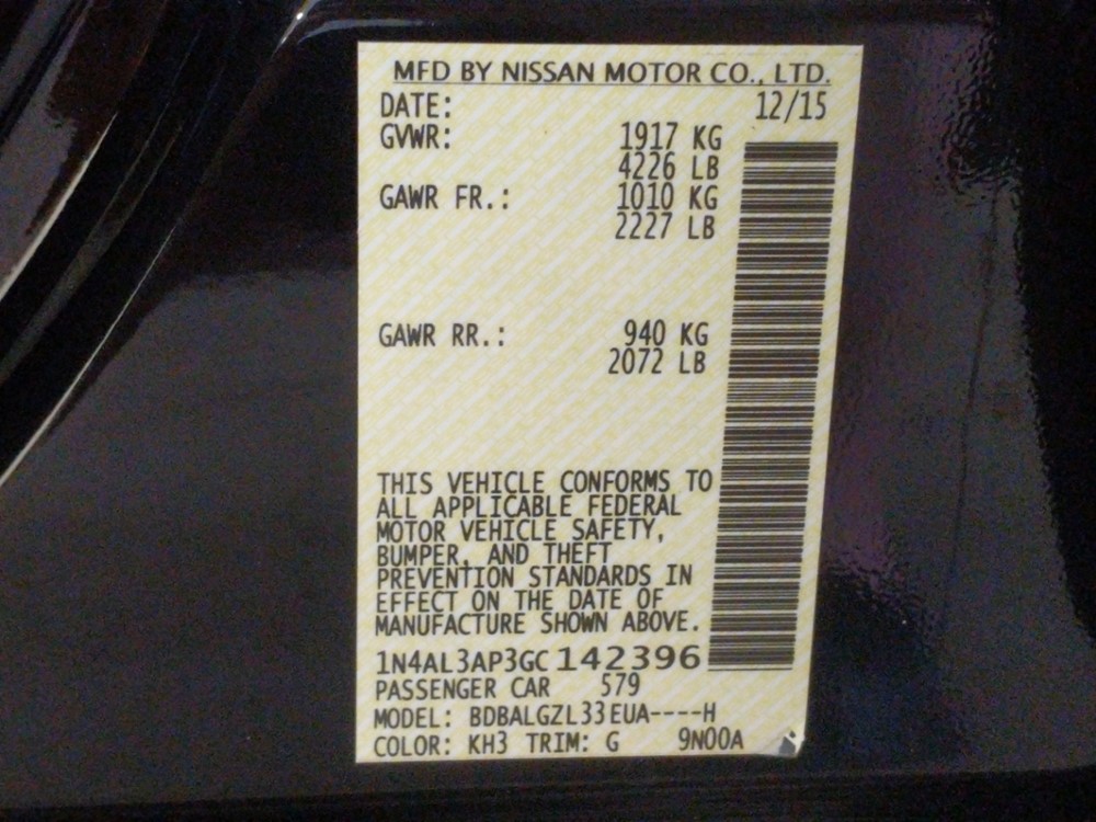 2016 Nissan Altima - VIN Plate