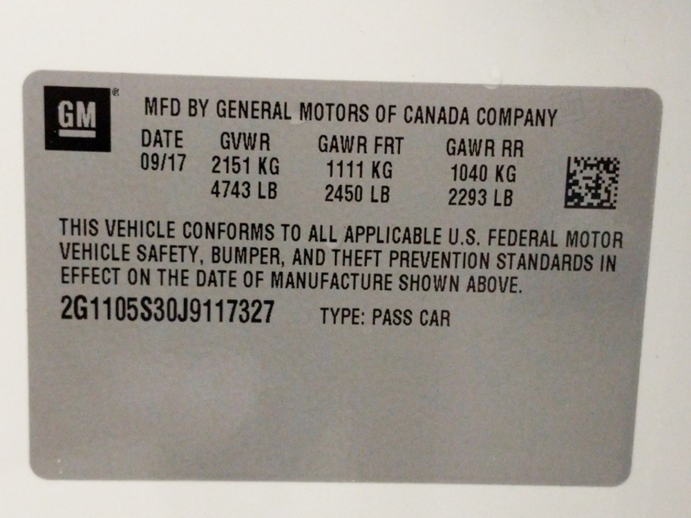 2018 Chevrolet Impala - VIN Plate