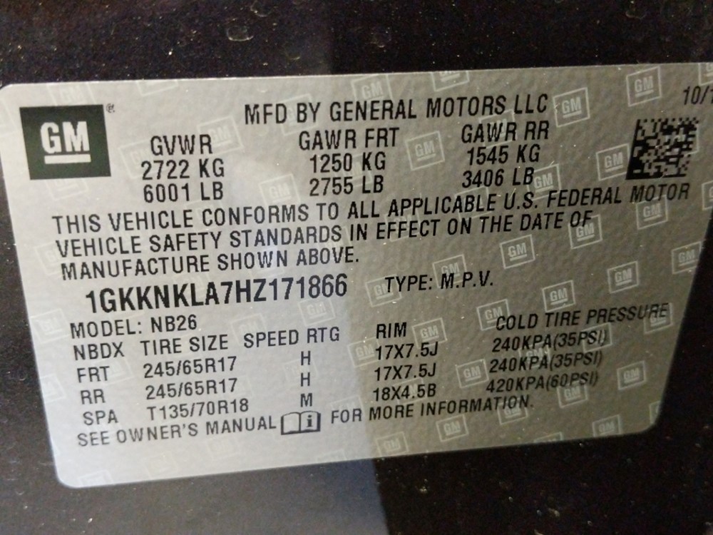 2017 GMC Acadia - VIN Plate