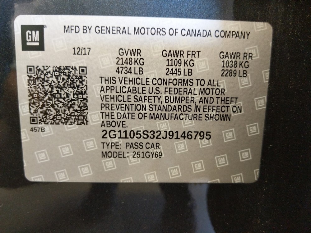 2018 Chevrolet Impala - VIN Plate