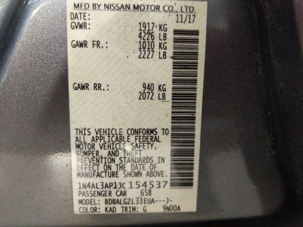 2018 Nissan Altima - VIN Plate