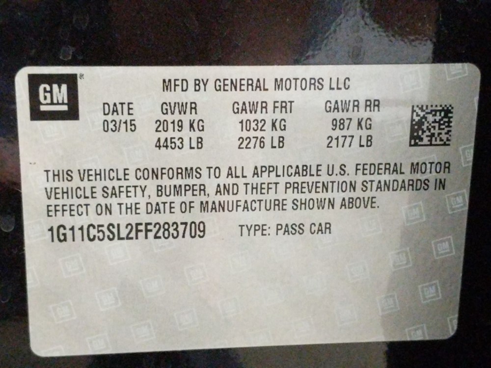 2015 Chevrolet Malibu - VIN Plate