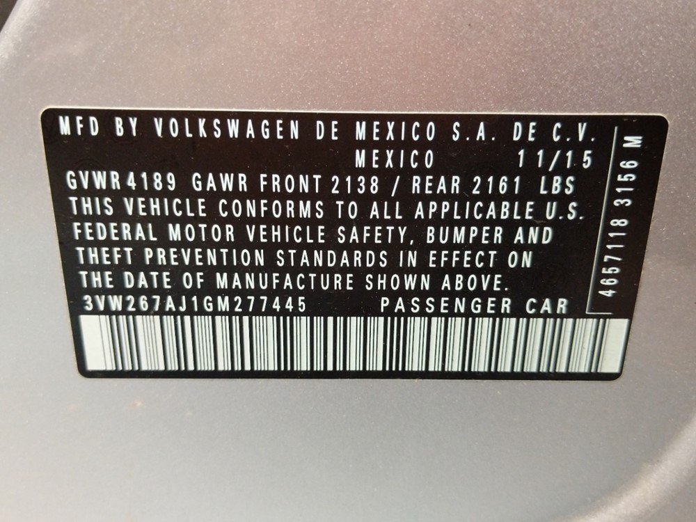 2016 Volkswagen Jetta - VIN Plate