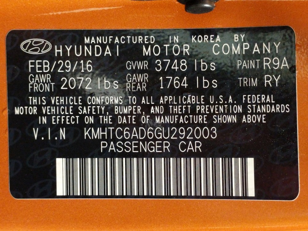 2016 Hyundai Veloster - VIN Plate
