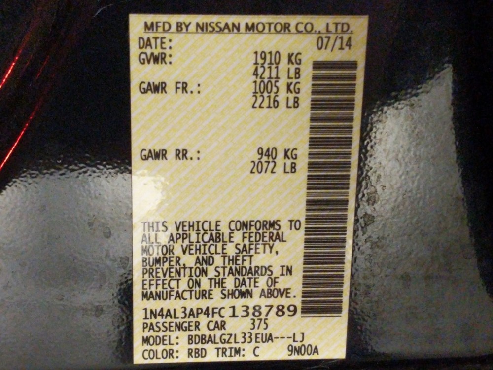 2015 Nissan Altima - VIN Plate