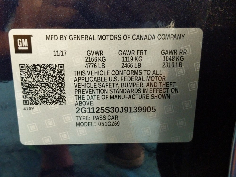 2018 Chevrolet Impala - VIN Plate