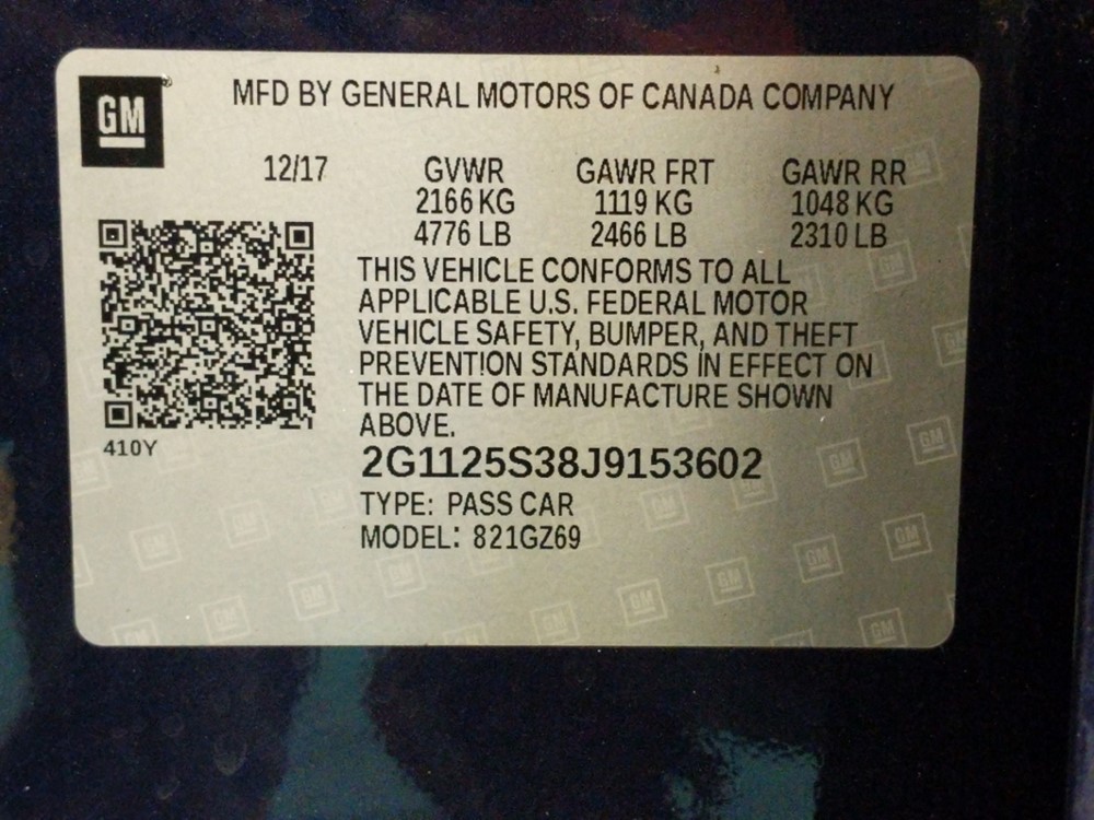 2018 Chevrolet Impala - VIN Plate