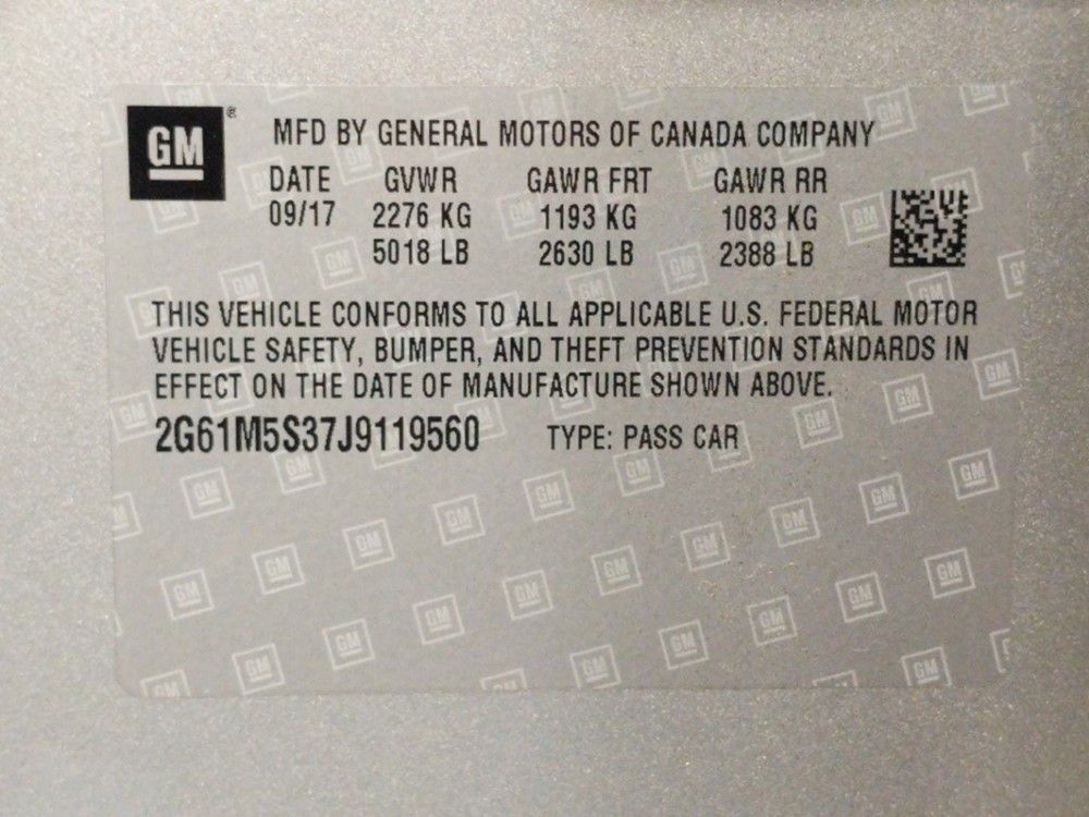 2018 Cadillac XTS - VIN Plate