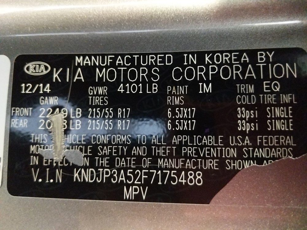 2015 Kia Soul - VIN Plate