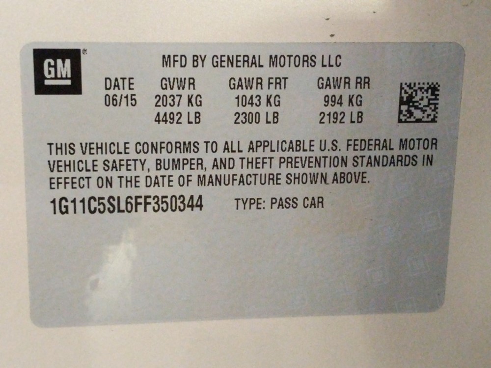 2015 Chevrolet Malibu - VIN Plate