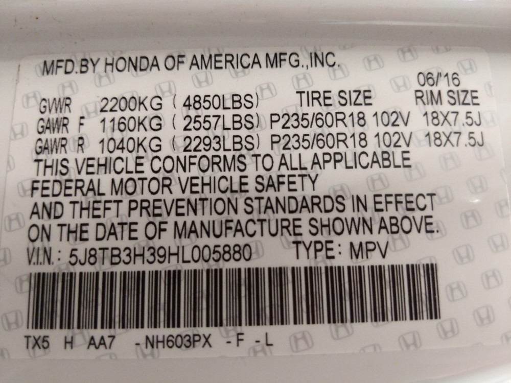 2017 Acura RDX - VIN Plate