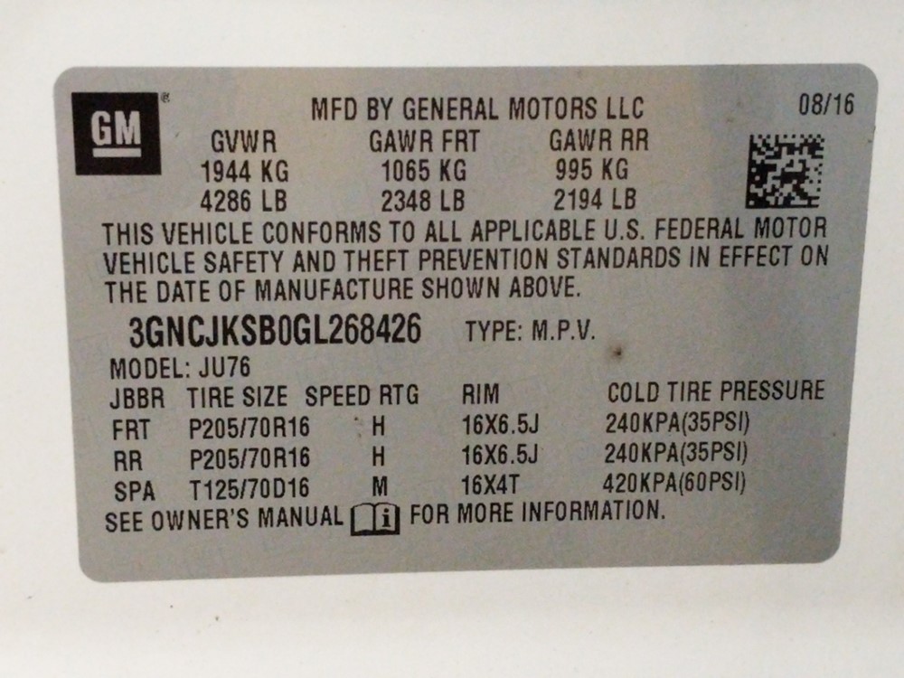 2016 Chevrolet Trax - VIN Plate
