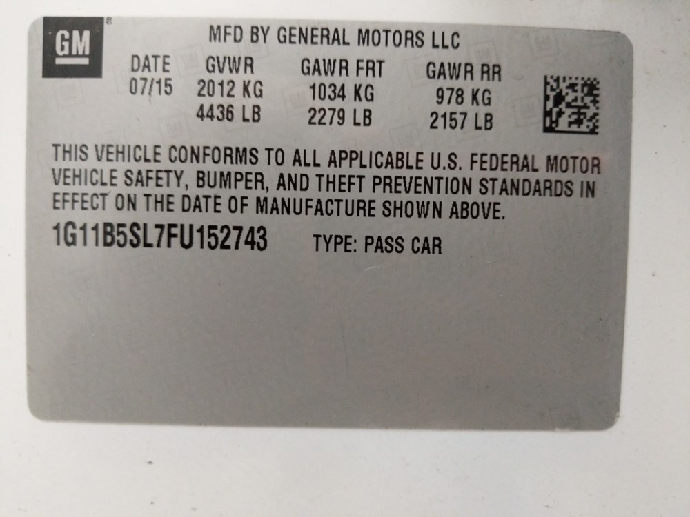 2015 Chevrolet Malibu - VIN Plate