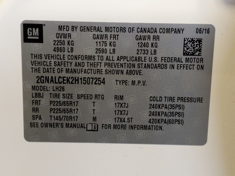2017 Chevrolet Equinox - VIN Plate