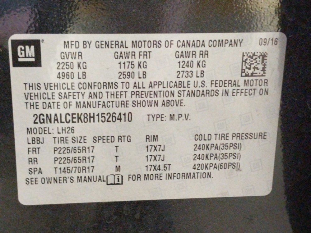 2017 Chevrolet Equinox - VIN Plate
