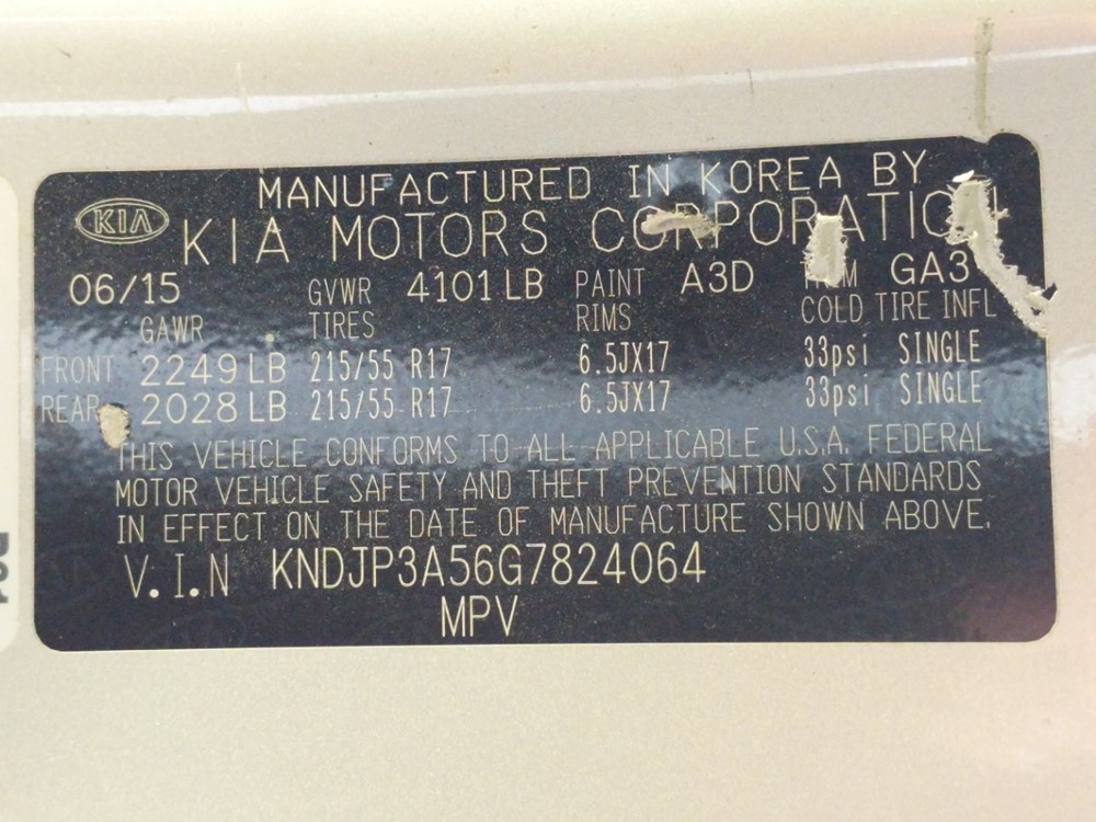 2016 Kia Soul - VIN Plate