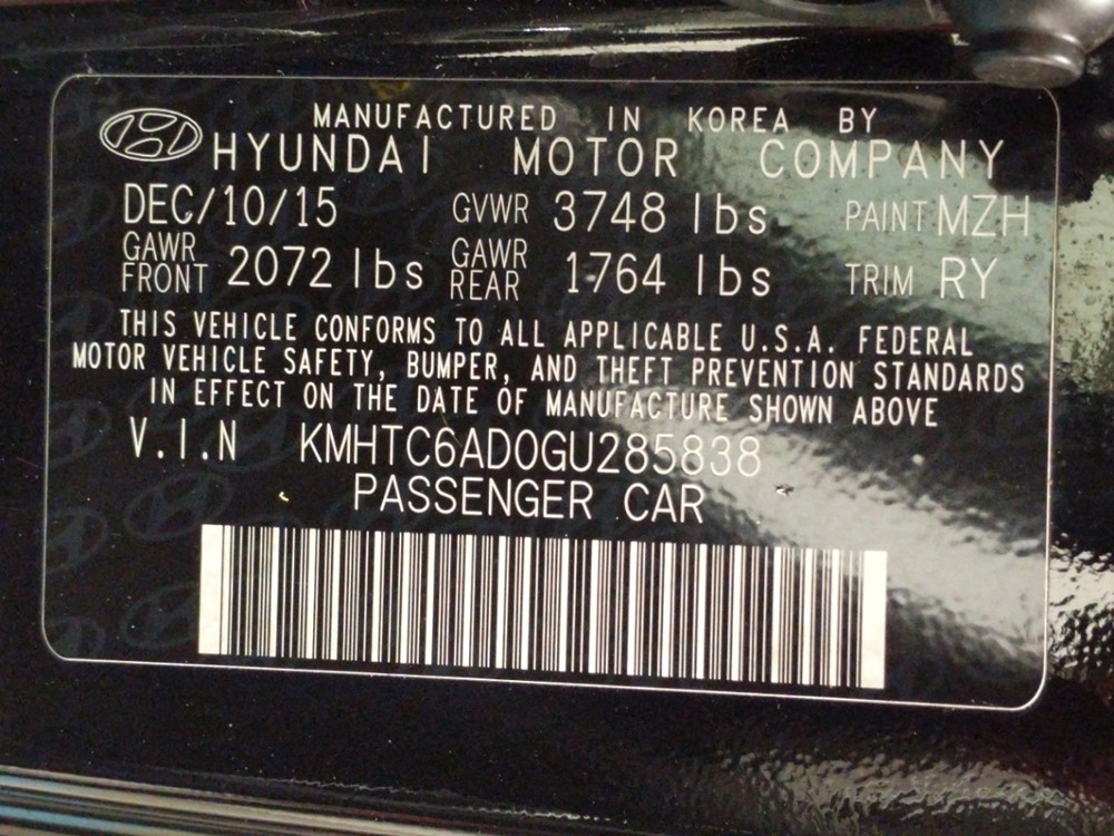 2016 Hyundai Veloster - VIN Plate