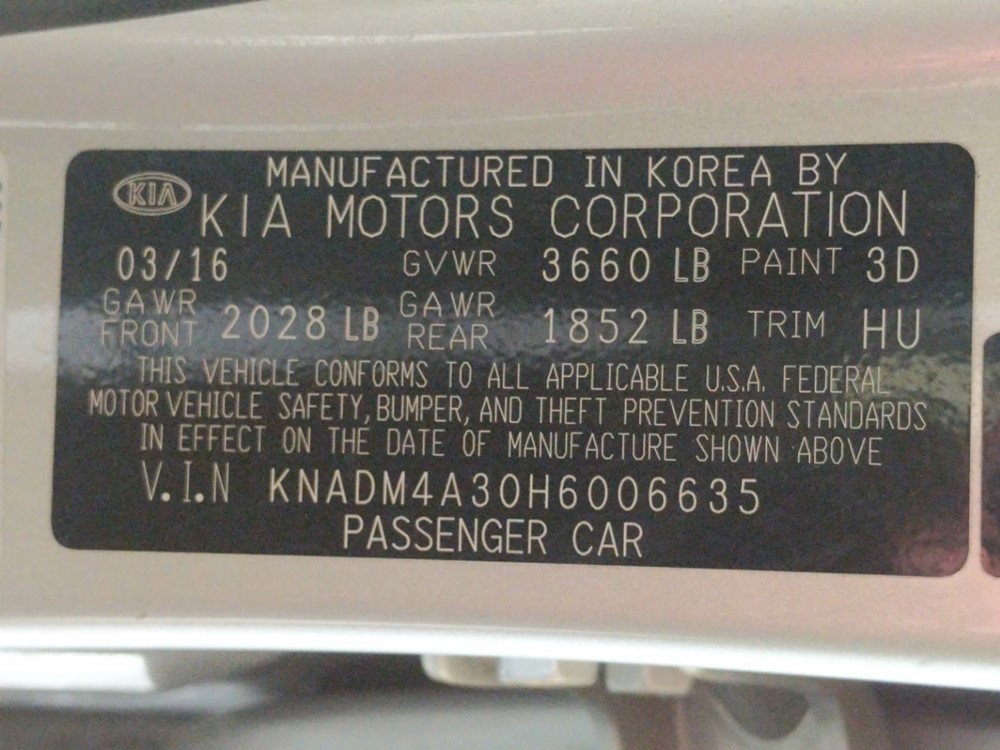2017 Kia Rio - VIN Plate