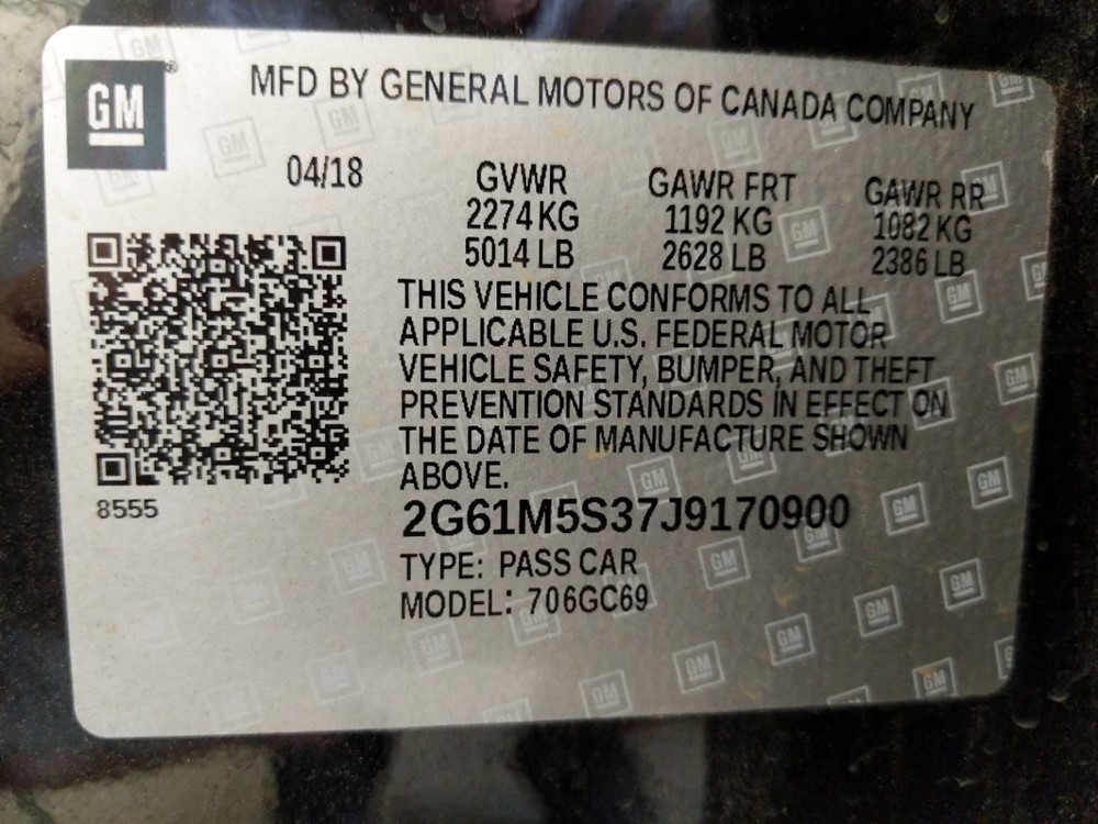 2018 Cadillac XTS - VIN Plate