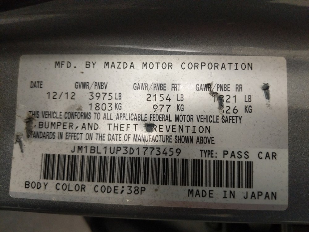 2013 Mazda Mazda3 - VIN Plate