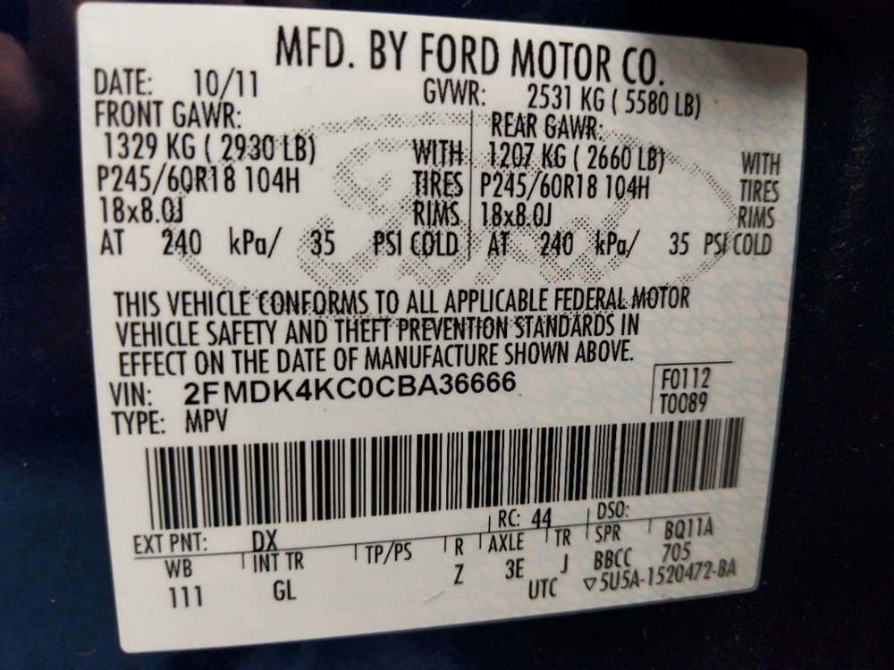 2012 Ford Edge - VIN Plate