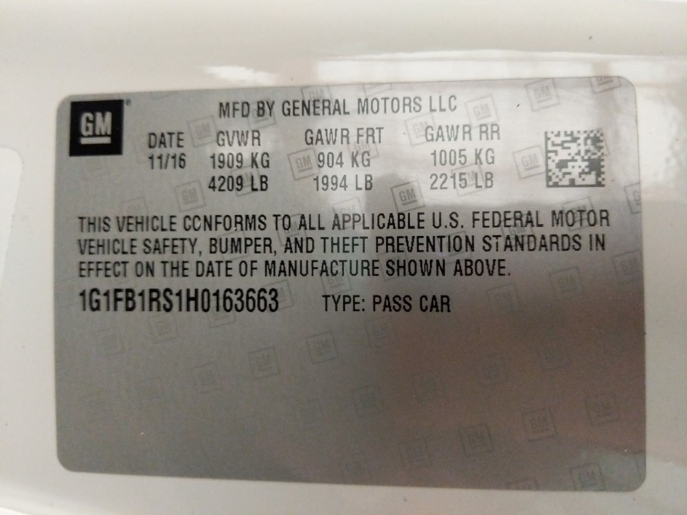 2017 Chevrolet Camaro - VIN Plate