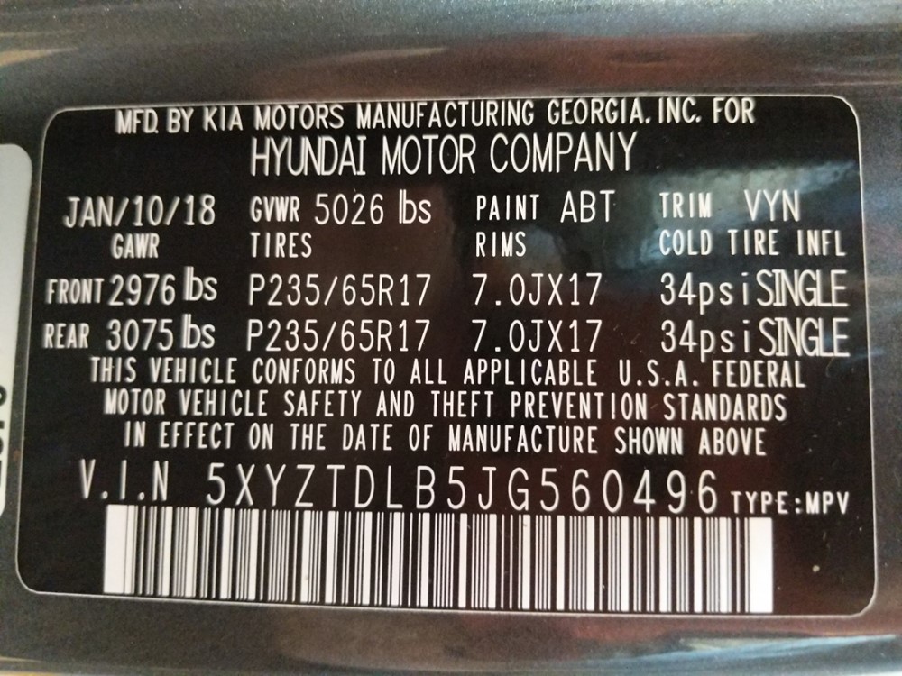 2018 Hyundai Santa Fe - VIN Plate