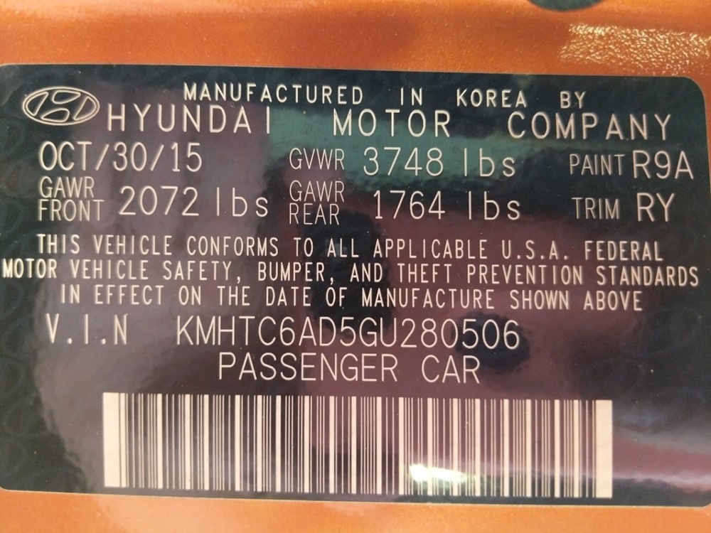 2016 Hyundai Veloster - VIN Plate