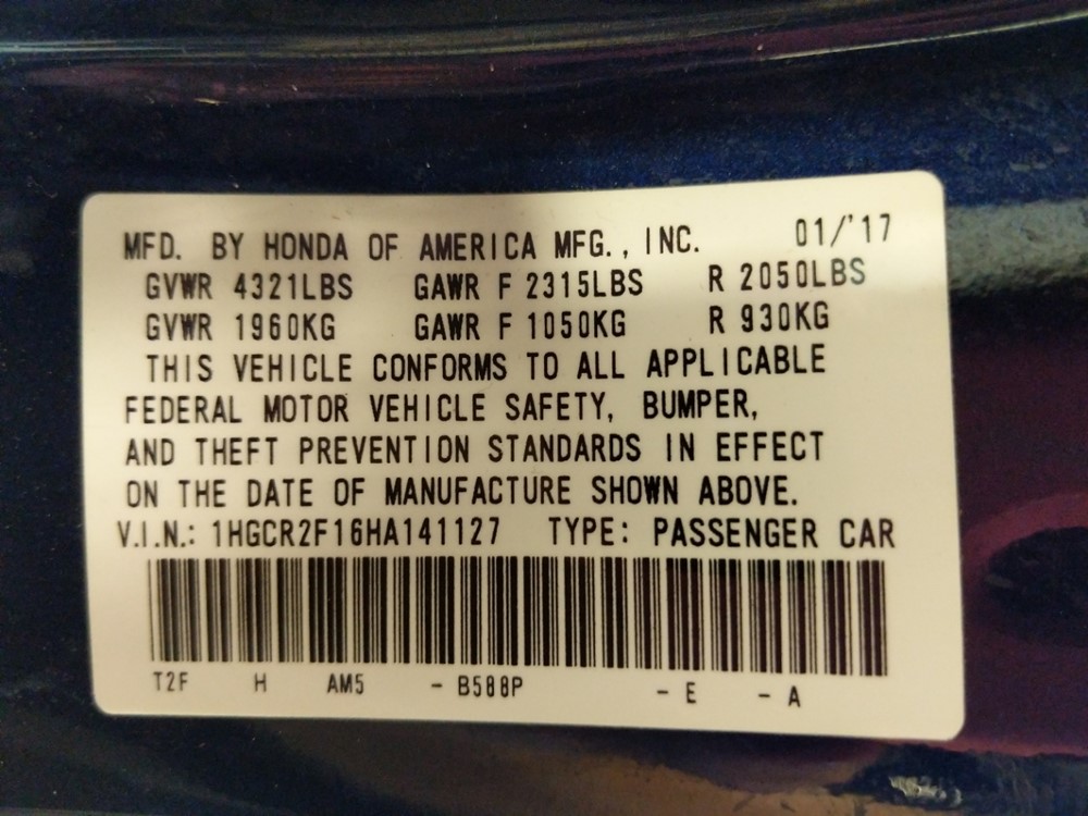 2017 Honda Accord - VIN Plate