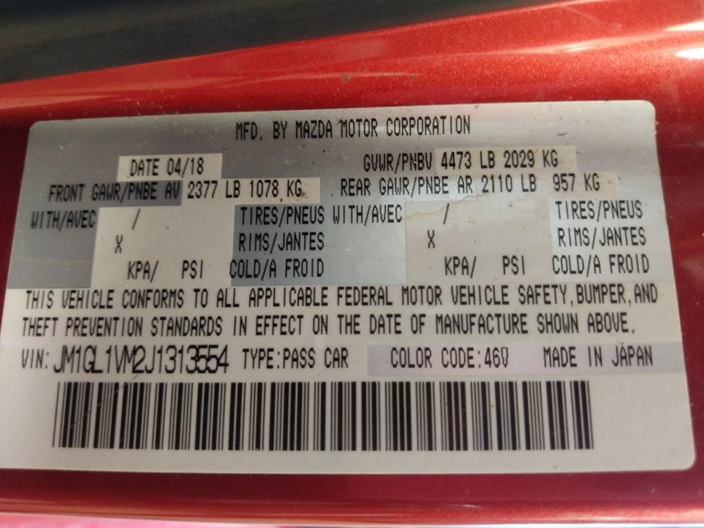2018 Mazda Mazda6 - VIN Plate