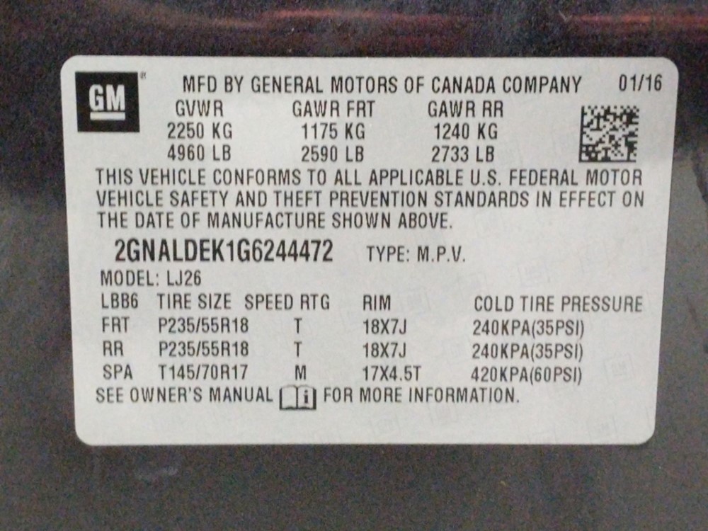 2016 Chevrolet Equinox - VIN Plate